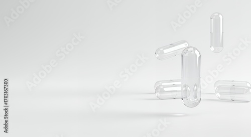 Minimalist 3D render of transparent white vitamin capsules floating on clean white background, modern pharmaceutical concept with copy space, perfect for medical design, presentation, or wallpaper.