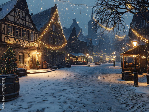 Snow-Covered Village with Christmas Lights at Dusk