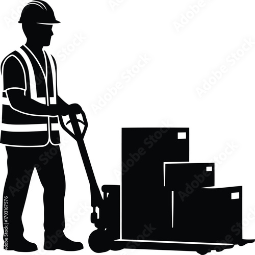 Warehouse worker silhouette with hand pallet jack and stacked cargo boxes logistics and delivery concept vector