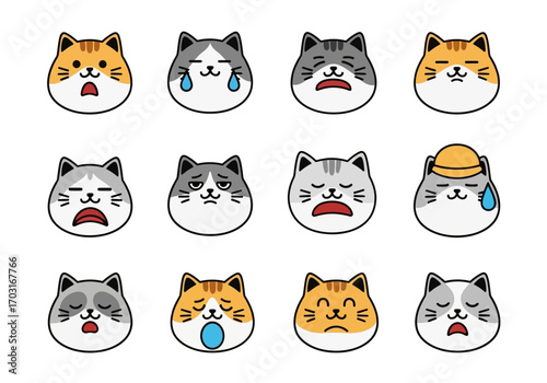 Cat faces display various emotions. Suitable for childrens books, products, emotionrelated content, and educational materials.
