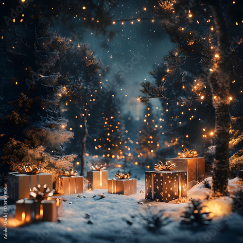 Sparkling Outdoor Christmas Setting with Gifts and Lights