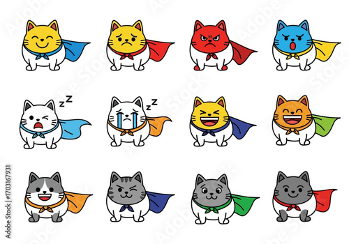 Displays twelve cartoon superhero cats with different emotions, ideal for childrens books, educational materials, and comic strips.