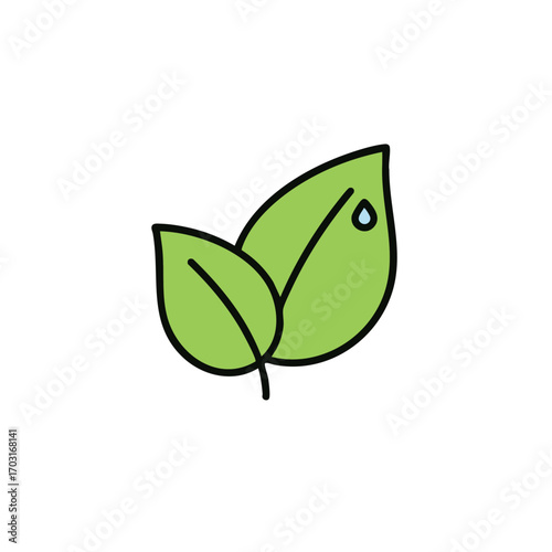 This clean vector icon depicts a pair of verdant green leaves adorned with a glistening water droplet, representing organic growth and ecological awareness.