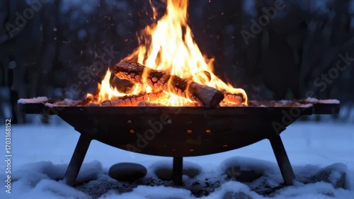 Snow-and-fire contrast with outdoor brazier flame and falling snow