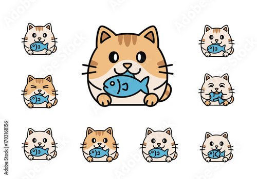 Cats adorably holding blue fish, perfect for pet products, childrens books, veterinary clinics, or social media posts with pets.