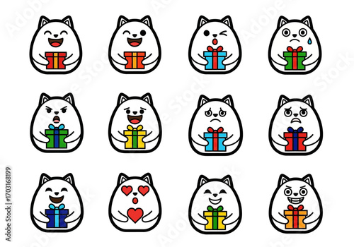 Fun and playful illustration of twelve cartoon cats holding presents. Perfect for greeting cards, invitations, and childrens products.