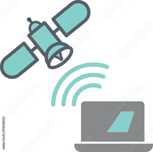 Vector art of satellite transmitting data to laptop for global communication on a transparent background