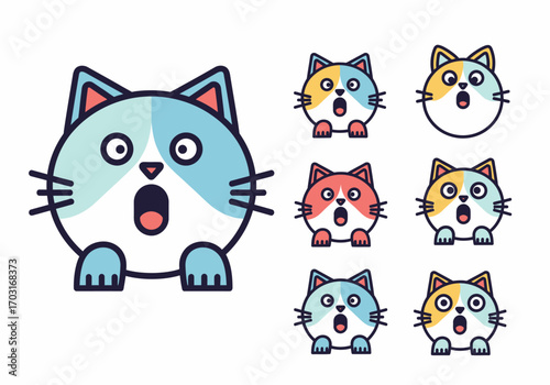 Seven cartoon cats in different colors looking shocked, suitable for childrens books, petrelated designs, or social media content. Great for playful, colorful designs.