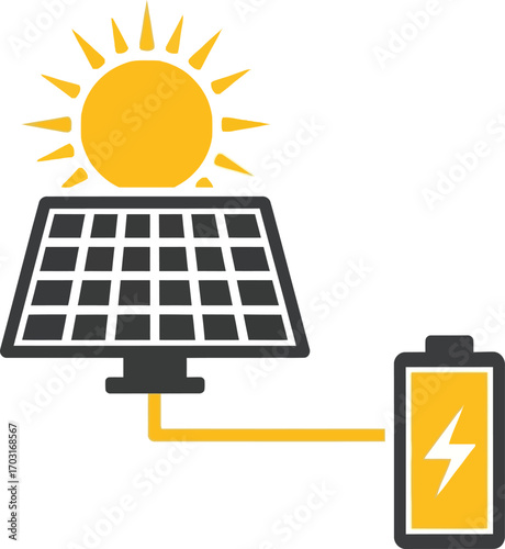 Vector art of solar panel and battery charging for renewable energy on a transparent background