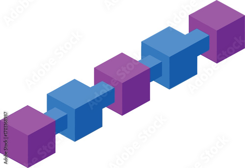 Vector art of isometric blockchain network with purple and blue cubes on a transparent background
