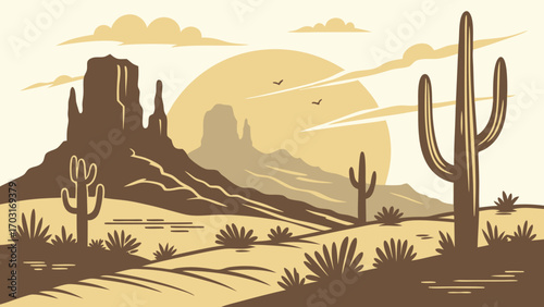 Desert Landscape with Saguaro Cacti and Mesas.