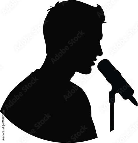 Silhouette of a man speaking into a microphone performing on stage or in studio for broadcast vector