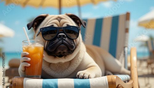 Funny Pug relaxing on beach chair with sunglasses, sipping cocktail on sunny day, enjoying vacation with a carefree and humorous mood.