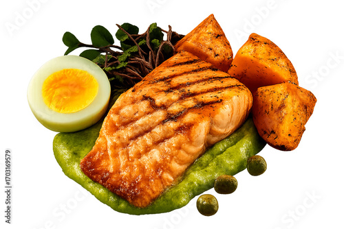 3D Render of Gourmet Grilled Salmon Fillet with Roasted Potatoes, Hard-Boiled Egg, and Avocado Purée on Transparent Background