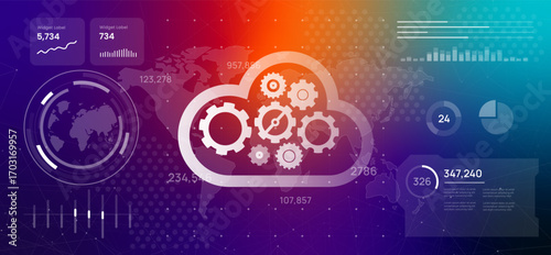 Futuristic digital dashboard displaying a world map with a central cloud and gear icon illustration global cloud computing data processing and technological infrastructure