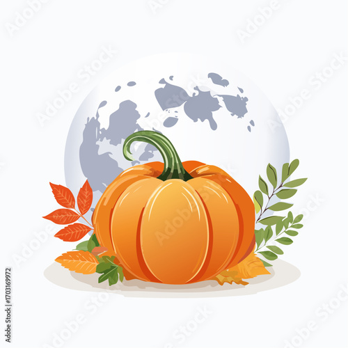 Pumpkin and Leaves with a Full Moon