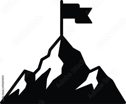 Silhouette of mountain peak with flag symbolizing achievement success goal accomplishment and victory vector
