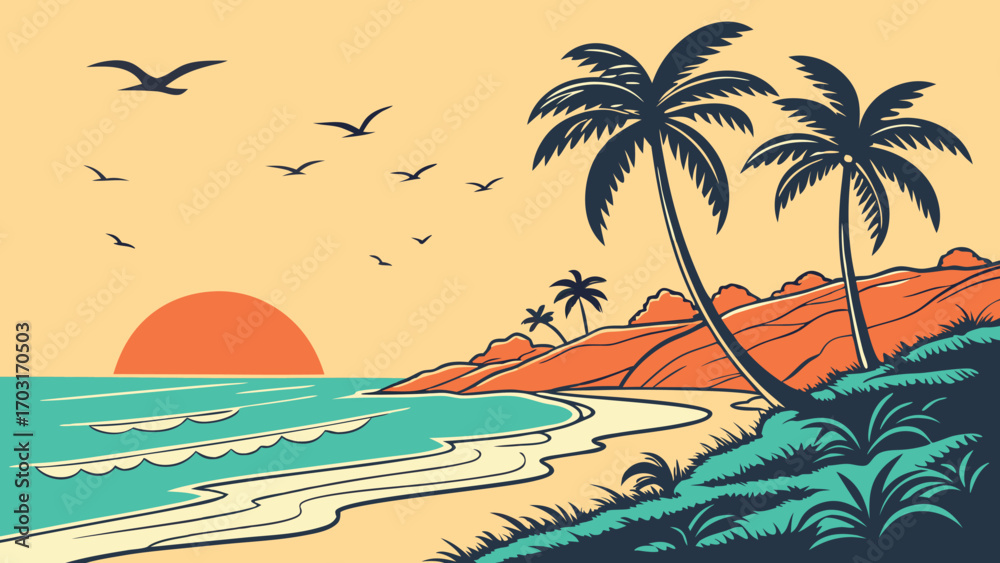 Fototapeta premium Vintage Illustration of a Serene Tropical Beach Sunset.