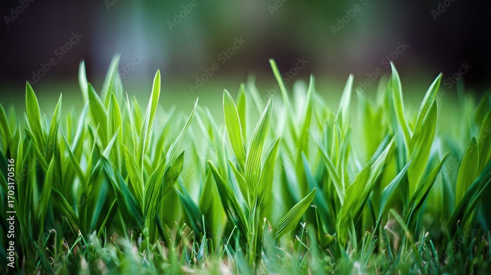 Obraz premium shallow. Fresh spring grass blades highlighted by sunlight with a soft, blurred effect. travel magazines, destination branding, designed for outdoor magazines and nature guides.