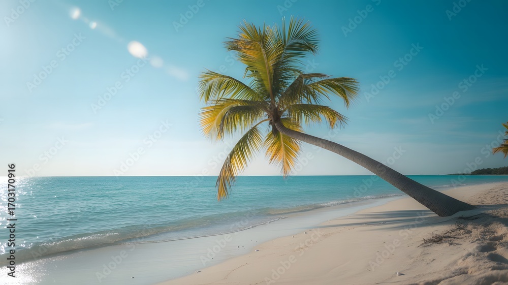 Fototapeta premium A lone palm tree leans over a pristine white sand beach with turquoise ocean waves under a bright sunny sky