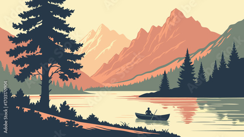 A solitary person paddling a small boat on a calm lake.