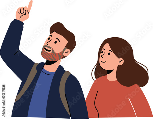 Man pointing at sky, woman looking up, cartoon couple exploring together, outdoor adventure, curiosity, direction, travel, discovery illustration