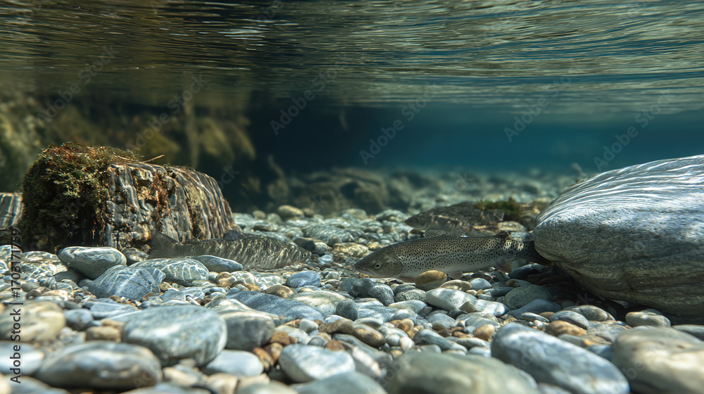 Fototapeta premium trout. Underwater scene of a trout swimming in a clear river, showcasing aquatic tranquility and wildlife. wildlife magazines, conservation campaigns, designed for nature documentaries and education.