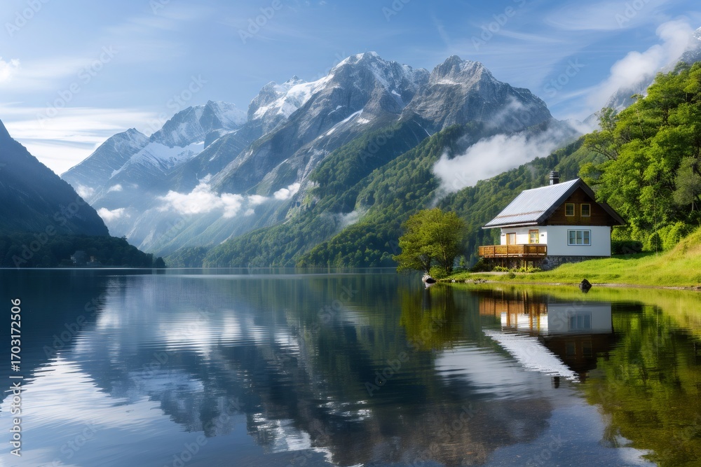 Fototapeta premium Wooden cabin reflecting on a mountain lake in the Alps