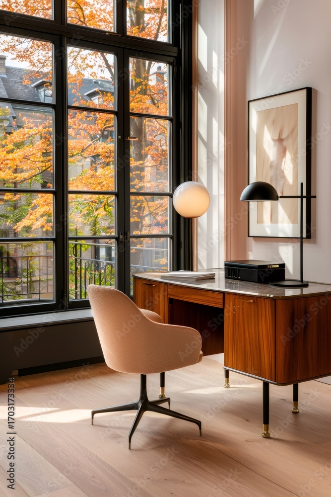 Fototapeta premium Sun shining on elegant home office with autumn trees outside window