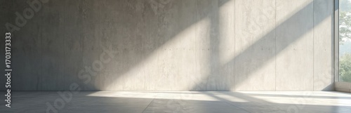 Interior scene features textured concrete wall with abstract geometric shadows cast by sunlight. Minimalist grey space  clean concrete floor  large window with green trees outside. Modern