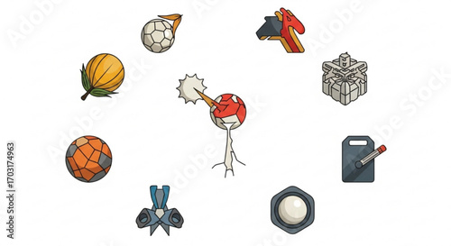 Whimsical cartoon illustration featuring a variety of colorful and playful icons, including balls, a gift, and a writing pad