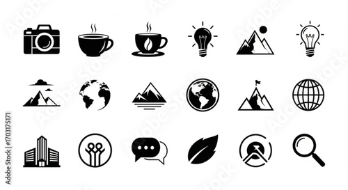 Collection of various business and creative icons, including camera, coffee, light bulb, mountain, globe, building, and speech bubble