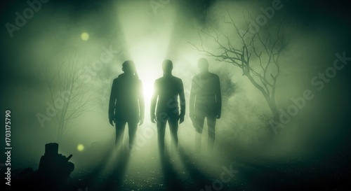 Three silhouetted figures stand in a misty, eerie forest, illuminated by a bright, otherworldly light.