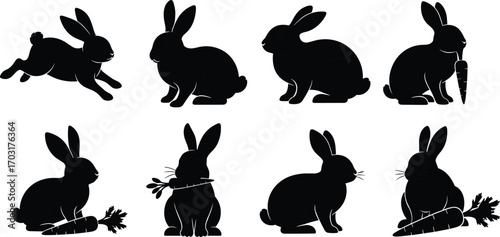 Black silhouette rabbits in various playful and sitting poses with fresh carrots, adorable bunny animals, nature wildlife vector, cute pet illustration.