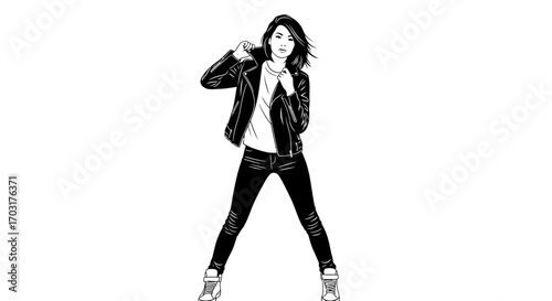 Bold monochrome illustration of a girl wearing leather jacket on white