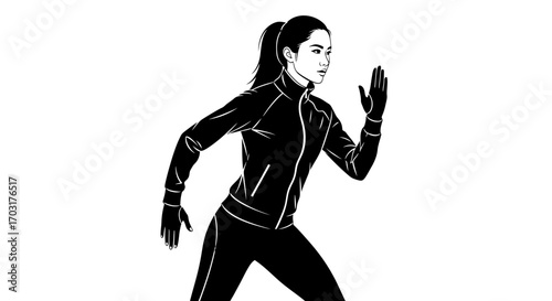 Dynamic Monochrome Vector Illustration of a Female Athlete in Motion