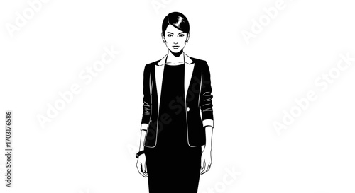 Elegant businesswoman in monochrome vector art style, poised and confident