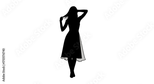 Elegant silhouette of a woman in dress gracefully touching her hair
