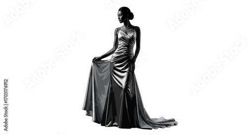 Elegant woman in monochrome gown standing gracefully on a white backdrop