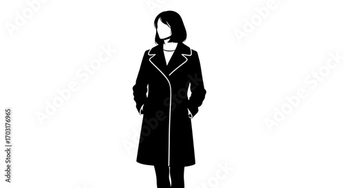 Elegant woman in stylish overcoat, minimalist monochrome vector illustration