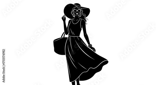 Elegant woman in sun hat and long dress, vector illustration concept