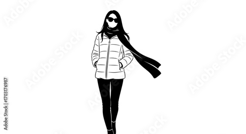 Elegant woman in winter clothes, black and white minimalist illustration