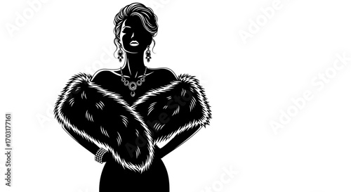 Elegant Woman Silhouette with Fur Stole and Jewelry in Refined Vector