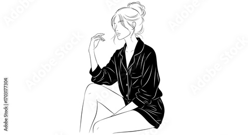 Minimalist Line Art of a Woman in Pajamas, Expressing Serenity and Relaxation