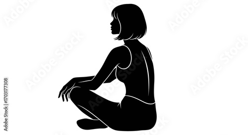 Minimalist Silhouette of Meditating Woman in Lotus Position on White Backdrop