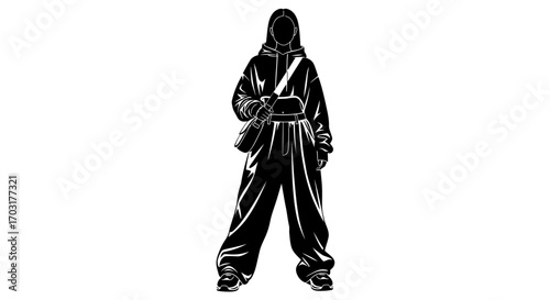 Minimalistic depiction of a woman in casual clothing with a sling bag