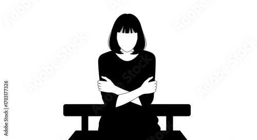 Minimalistic monochrome illustration of a seated woman embracing herself