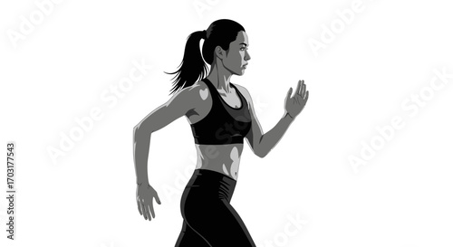 Monochrome vector illustration of a woman jogging on a light background