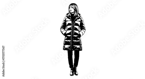Monochrome vector illustration of a woman wearing winter puffer coat