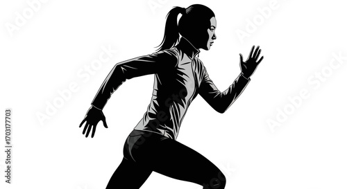 Silhouette of a determined female runner sprinting with force and speed